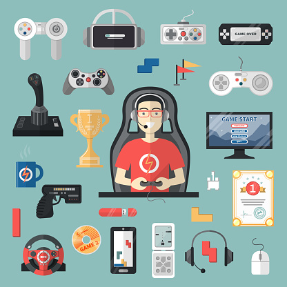 Gamepad vector gamer playing gameplay and player character gaming videogame with joystick or game-console illustration set of game gadgets isolated on background