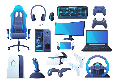 Gaming accessories set vector flat illustration. Modern IT professional gamer headset, mic, chair