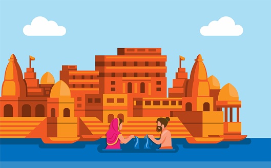 Ganga river holy bathing ceremony. indian landmark culture concept in cartoon illustration vector