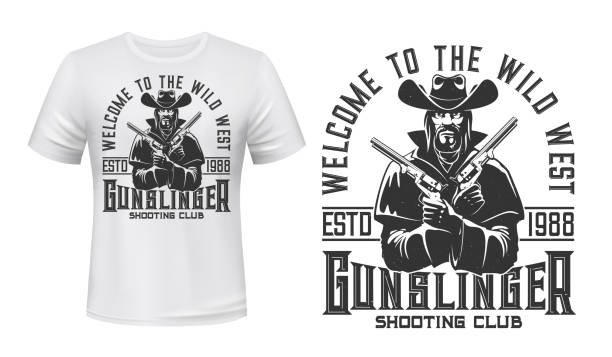Gangster, bandit character t-shirt vector mockup Gangster or bandit character t-shirt vector mockup. Man in cowboy hat and cloak, holding guns in hands, crossing revolvers on chest. Shooting club apparel print with wild west, western gunslinger texas shooting stock illustrations