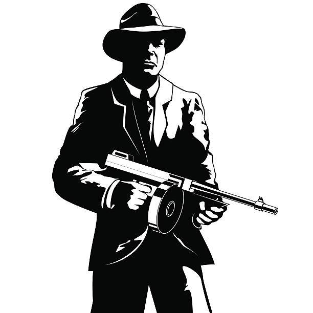 Gangster A gangster with a submachine gun gangster stock illustrations