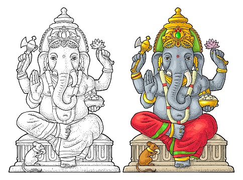 Ganpati with mouse for poster Ganesh Chaturthi. Engraving vintage vector