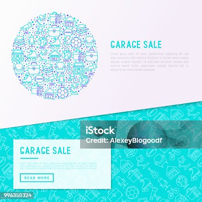 istock Garage sale concept in circle with thin line icons: signboard, globe, telescope, guitar, rollers, armchair, toolbox, soccer ball. Modern vector illustration, web page template. 996350324