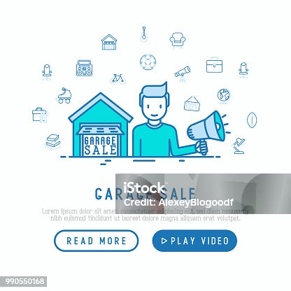 istock Garage sale concept. Man with speaker makes an announcement near the garage with thin line icons around: signboard, globe, telescope, guitar, rollers, armchair, toolbox. Modern vector illustration. 990550168