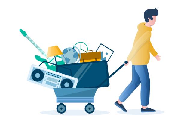 Garage sale. Man pulling cart with old used home goods, flat vector illustration. Yard sale, flee market. Garage sale. Man pulling cart with old household appliances and other used home goods, flat vector illustration. Yard sale, flee market. second hand sale stock illustrations