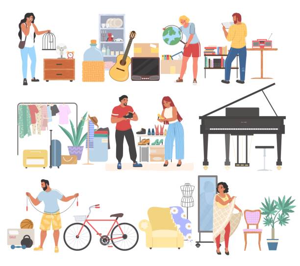 Garage sale of used home furniture, clothes, piano, guitar, books, dishes, sport items. Yard sale, flea market, vector. Garage sales set, flat vector isolated illustration. People buying used home furniture, household appliances, clothes, music instruments, books, dishes, sport items. Yard sale, flea market. second hand sale stock illustrations