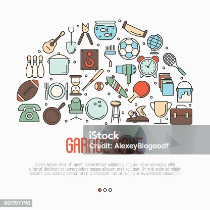 istock Garage sale or flea market concept in circle with text inside. Thin line vector illustration. 801197790
