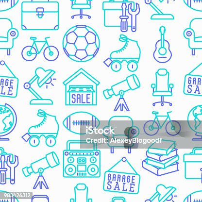 istock Garage sale seamless pattern with thin line icons: signboard, globe, telescope, guitar, rollers, armchair, toolbox, soccer ball. Modern vector illustration. 983426312
