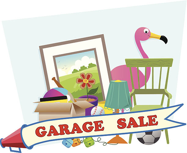 Garage Sale Cute garage sale banner with household items in the background. Eps10 second hand sale stock illustrations