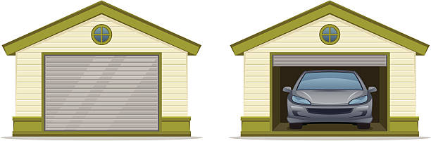 Garage with car Garage with car on a white background door clipart stock illustrations