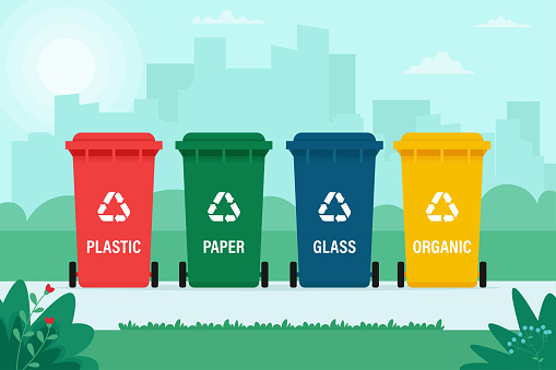 Garbage cans for organic, paper, plastic, glass waste on city background. Recycling, waste sorting, ecology, concept. Vector illustration in flat style