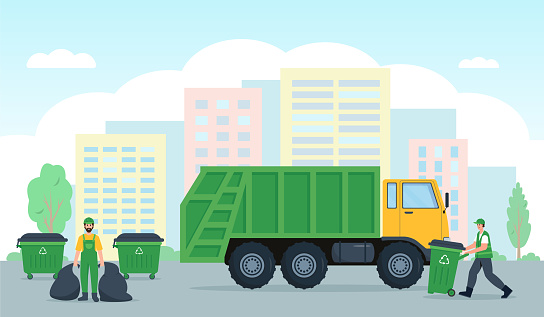 Garbage collection, Waste recycling and transportation in city.