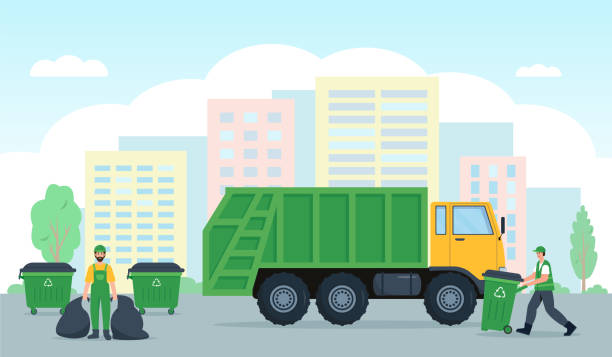 Garbage collection, Waste recycling and transportation in city. Garbage collection, Waste recycling and transportation in city. Sanitary Vehicle or garbage truck, bins and dustmen scavengers workers. Vector flat or cartoon concept illustration. scavenging stock illustrations