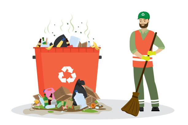 ilustrações, clipart, desenhos animados e ícones de coletor de lixo e lata de lixo com pilhas de lixo. - gari