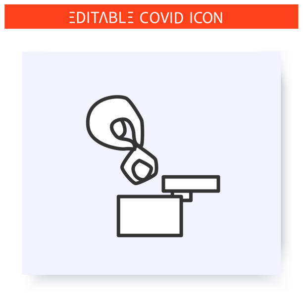 Garbage disposal line icon Garbage disposal line icon.Throwing a waste from the sampling kit to trash can. Coronavirus home testing tutorial. Flu, DNA or covid diagnostic equipment. Isolated vector illustration.Editable stroke at home covid test stock illustrations
