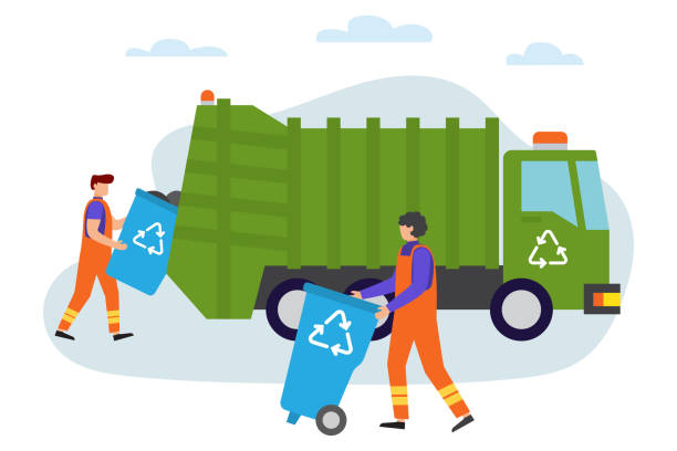 Garbage man at work. Lorry for urban waste removal service. Garbage man at work. Lorry for urban waste removal service. Waste recycling. Gathering, sorting and transporting process of garbage. Vector illustration. People gather trash collection stock illustrations