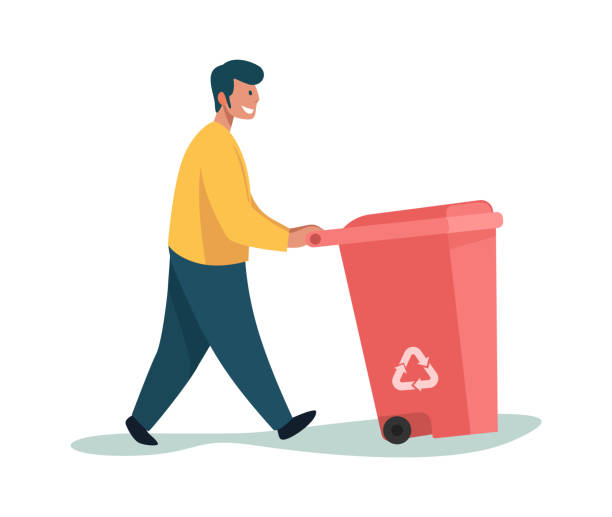 Garbage man. Cartoon male carrying trash can. Person walking with plastic container for litter. Character collecting rubbish outdoor. Sorting recycling waste. Vector cleaning pollution Garbage man. Cartoon male carrying trash can. Happy person walking with plastic container for litter. Isolated character collecting rubbish outdoor. Sorting recycling waste. Vector cleaning pollution scavenging stock illustrations