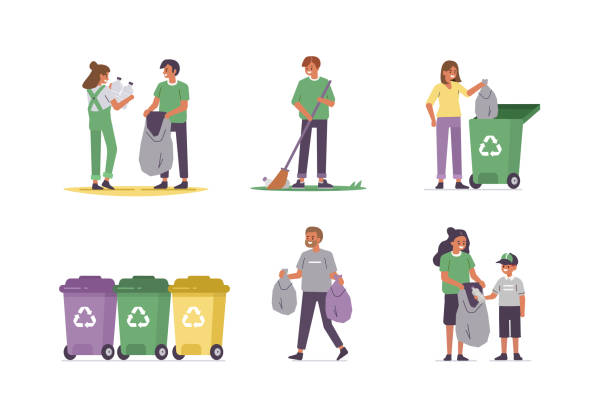 garbage People characters gathering waste and cleaning nature. Woman, man and kid disposing garbage into separate bins. Paper, plastic and other household waste recycling. Flat cartoon vector illustration. collection stock illustrations
