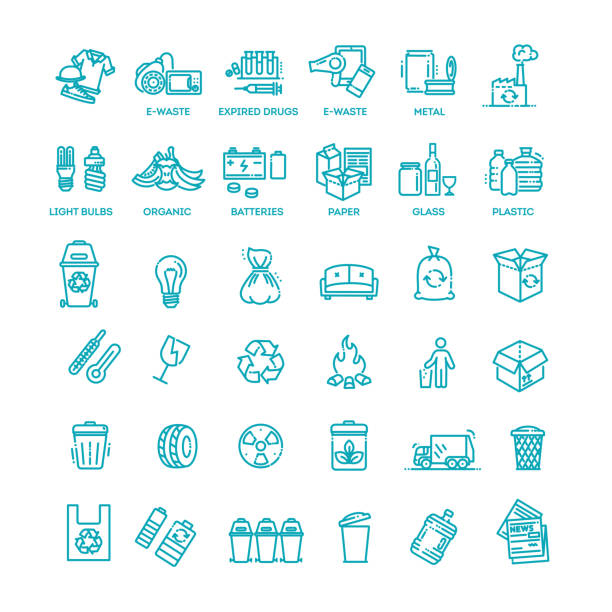 illustrations, cliparts, dessins animés et icônes de ensemble d'icônes de ligne de vecteur d'ordures. ensemble d'icônes d'ordures - décharge