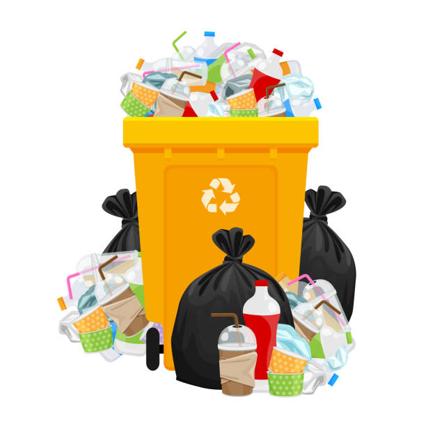stockillustraties, clipart, cartoons en iconen met vuilnis afval en zak plastic en gele prullenbak geïsoleerd op wit, stapel plastic vuilnis afval veel, plastic afval dump en bak geel, plastic afval en bin scheiding recycle - waste disposal