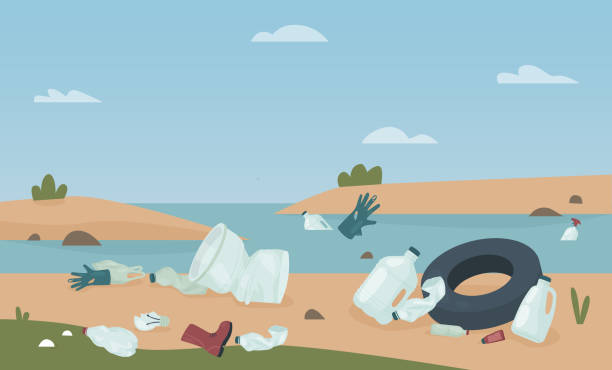 Garbage waste on beach, problem for ecology, plastic bottles, shoe glove pollute river vector art illustration