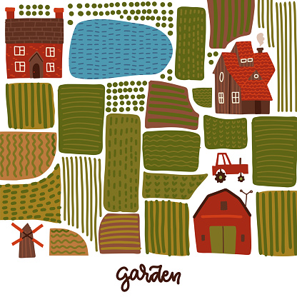 Garden, agriculture and farm.Vector illustration of a village, landscape, fields, lakes, houses and trees, top view. Drawing for cover, poster or background