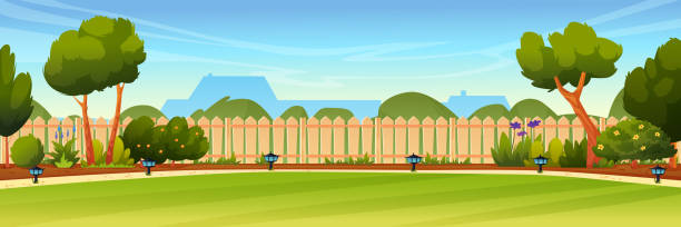 Garden backyard with wooden fence hedge, green trees and bushes, grass and flowers, park plants, house on background. Vector spring or summer outside landscape. Farm natural view, eco agriculture Garden backyard with wooden fence hedge, green trees and bushes, grass and flowers, park plants, house on background. Vector spring or summer outside landscape. Farm natural view, eco agriculture garden stock illustrations