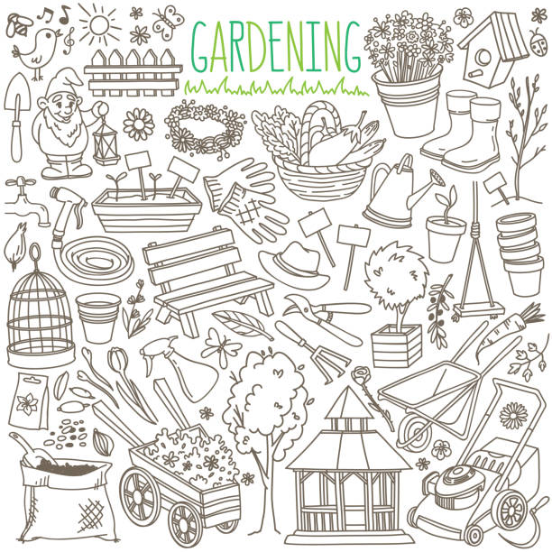 花園塗鴉套裝。園藝、農業、農業和園藝的設備和設施。 - garden 幅插畫檔、美工圖案、卡通及圖標