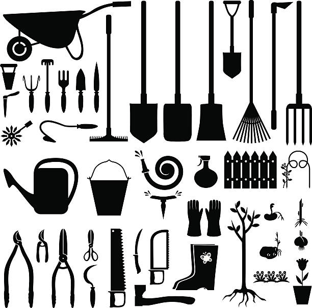Garden equipment set Set of silhouette images of garden equipment gardening tools stock illustrations