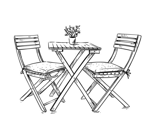 庭の家具、テーブル、椅子 2 脚ベクトル イラスト - 木製　椅子点のイラスト素材／クリップアート素材／マンガ素材／アイコン素材