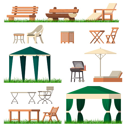 Garden furniture vector tent table chair seat on terrace design outdoor in summer backyard outside illustration gardening relaxation set of furnished chaise lounge isolated on white background