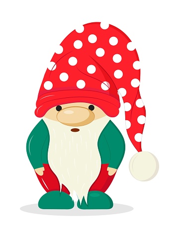 Garden gnome statue. Dwarf vector. Christmas, Santa's fairy helper illustration. Gnome with beard in cartoon style.