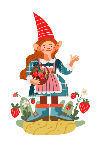 Garden gnome with berries. Funny little girl dwarf statue vector illustration. Female midget in red hat and costume standing and smiling with basket in hand on white background