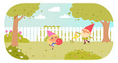 istock Garden gnomes gardening in backyard of village house, holding strawberry, watering can 1400210695