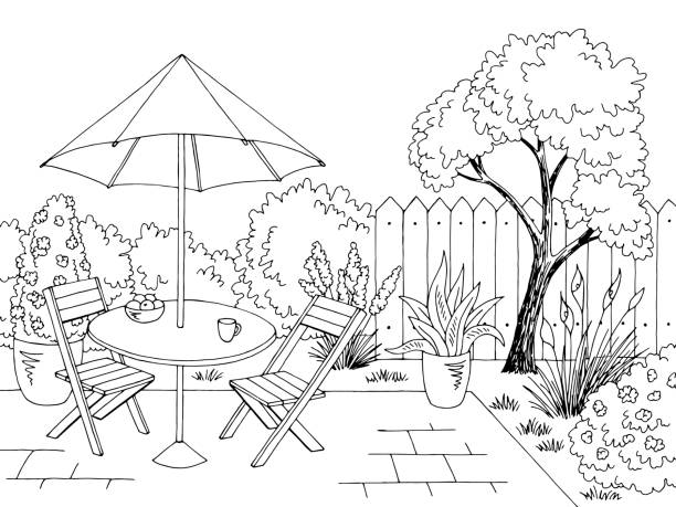 ガーデングラフィック裏庭テー ブル黒白スケッチイラストベクトル - 庭点のイラスト素材／クリップアート素材／マンガ素材／アイコン素材