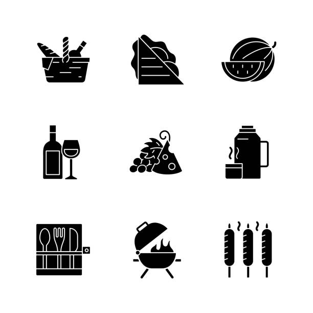 Garden party black glyph icons set on white space Garden party black glyph icons set on white space. Picnic basket. Sandwiches. Serving fruit. Alcoholic drink. Cheese and grapes. Thermos flask. Silhouette symbols. Vector isolated illustration cheese silhouettes stock illustrations