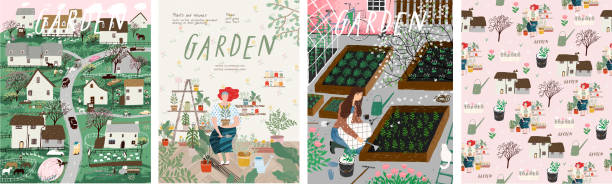 Garden! Set of posters landscape spring farm village, young girl with potted plant, woman cares for garden, grows organic vegetables and herbs. Vector illustration for card, postcard or poster Garden! Set of posters landscape spring farm village, young girl with potted plant, woman cares for garden, grows organic vegetables and herbs. Vector illustration for card, postcard or poster gardening stock illustrations