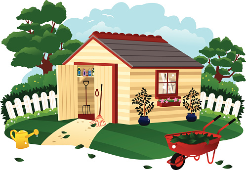 Garden shed and wheel barrow