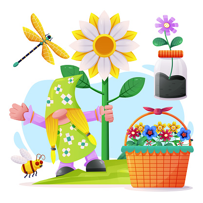 Gardener man with object element in cartoon style vector