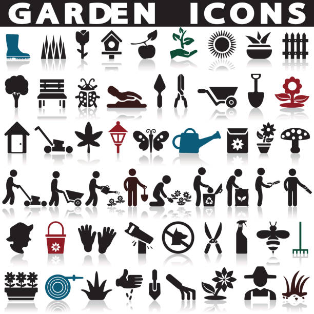 Gardening and farming Gardening and farming vector icons set on a white background with a shadow gardening icons stock illustrations