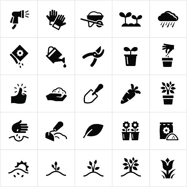 Gardening and Planting Icons Icons related to gardening and landscaping. The icons symbolize common gardening tools and equipment, plants and planting, and gardening concepts in general. garden hose stock illustrations