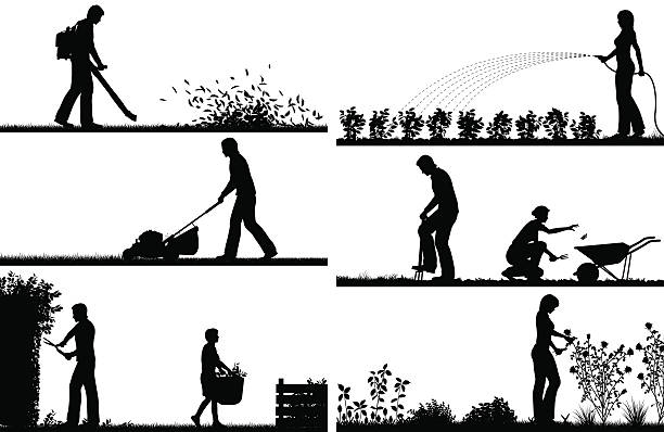 Gardening foreground silhouettes Set of eps8 editable vector silhouette foregrounds of people gardening with all figures as separate objects gardening stock illustrations