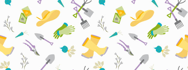 Gardening, garden tools seamless  pattern  Hand drawing cute garden equipment icons pastel color background. Watering can, beetroot, hat, rubber boots, hand gloves, fresh foods, seeds pack, leaves Gardening, garden tools seamless  pattern  Hand drawing cute garden equipment icons pastel color background. Watering can, beetroot, hat, rubber boots, hand gloves, fresh foods, seeds pack, leaves gardening borders stock illustrations