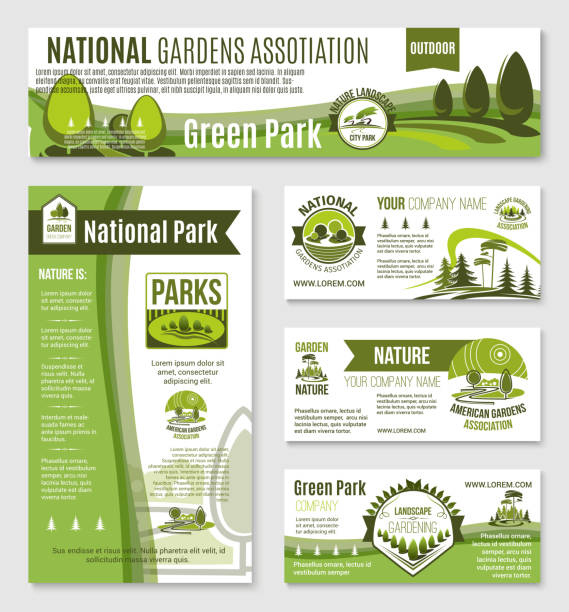 Gardening or green nature company vector templates Green gardening and nature environment association vector business templates set of business card, posters and landing page. Park and garden horticulture planting service gardening backgrounds stock illustrations