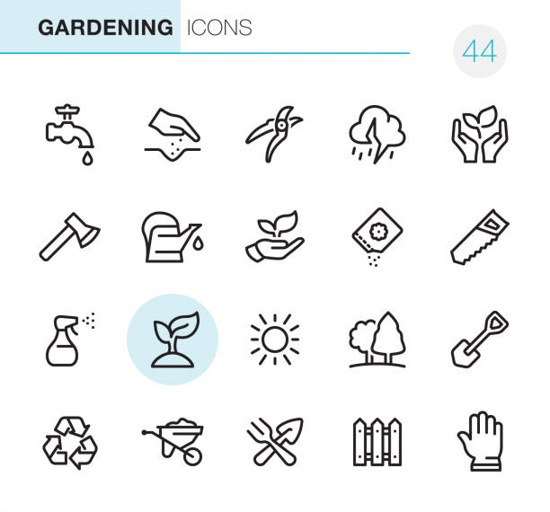 Gardening - Pixel Perfect icons 20 Outline Style - Black line - Pixel Perfect icons / Gardening / Set #44
Icons are designed in 48x48pх square, outline stroke 2px.

First row of outline icons contains:
Faucet, Human hand seeding, Pruning Shears, Thunderstorm, Nature Care;

Second row contains:
Axe icon, Watering Can, Leaf in human hand, Seed Packet, Hand Saw;

Third row contains:
Spray bottle, Plant, Sun, Tree, Shovel icon; 

Fourth row contains:
Recycling Symbol, Wheelbarrow, Crossed Trowel and Gardening Fork, Fence, Protective Glove.

Complete Primico collection - https://www.istockphoto.com/collaboration/boards/NQPVdXl6m0W6Zy5mWYkSyw gardening icons stock illustrations