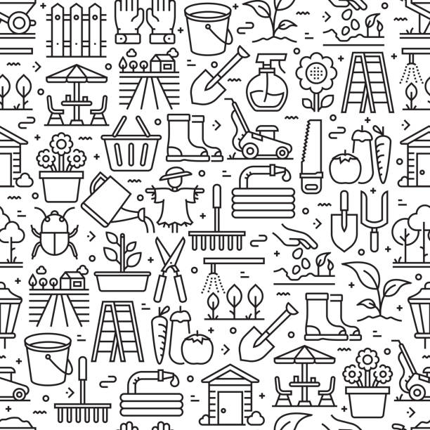 Gardening Related Seamless Pattern and Background with Line Icons. Editable Stroke Gardening Related Seamless Pattern and Background with Line Icons. Editable Stroke gardening patterns stock illustrations