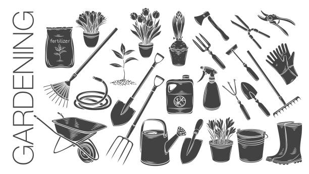 Gardening tools and plants Gardening tools and plants or flowers glyph icons. Monochrome vector of rubber boots, seedling, tulips, gardening can and cutter. Fertilizer, glove, crocus, insecticide, wheelbarrow and watering hose. gardening tools stock illustrations