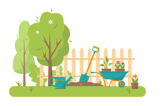 Gardening tools and trees in garden. Spring or summer banner, concept or background vector illustration. Gardening tools and trees in garden. Spring or summer banner, concept or background vector illustration. gardening stock illustrations