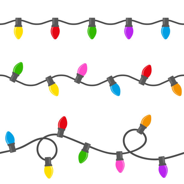 Garland glowing seamless pattern Set of Christmas lights, garland of multi-colored light bulbs on a white background. Seamless pattern, vector illustration christmas lights stock illustrations