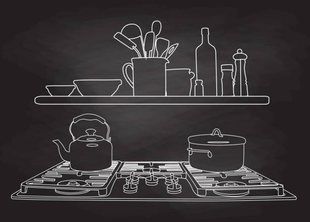 Gas Burner Stove Chalk illustration of a gas stove with cooking tools above on a shelf kitchen drawings stock illustrations